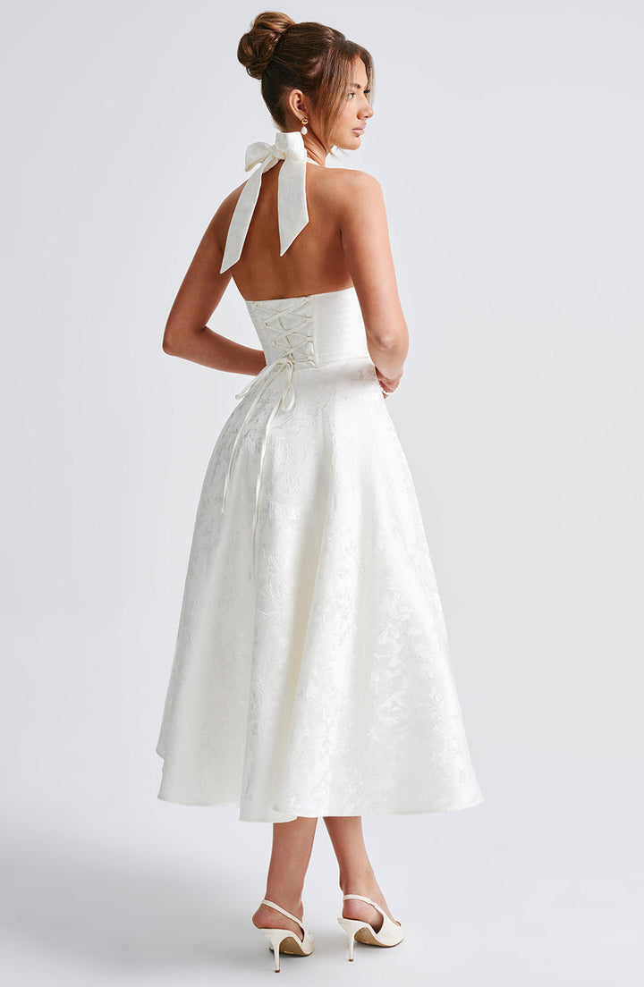 Halter Yaka A Kesim Brokar Elbise – Ekru