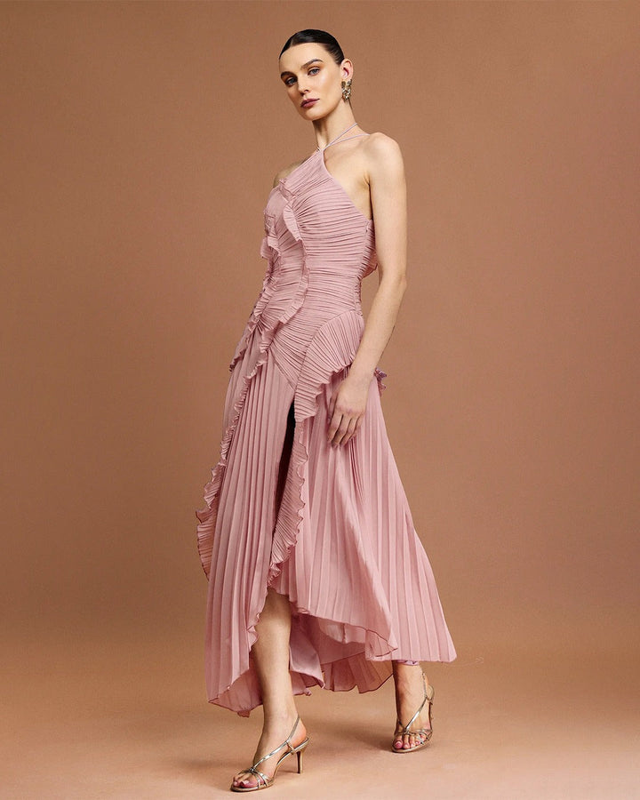 Fırfır Detaylı Pileli Halter Midi Elbise