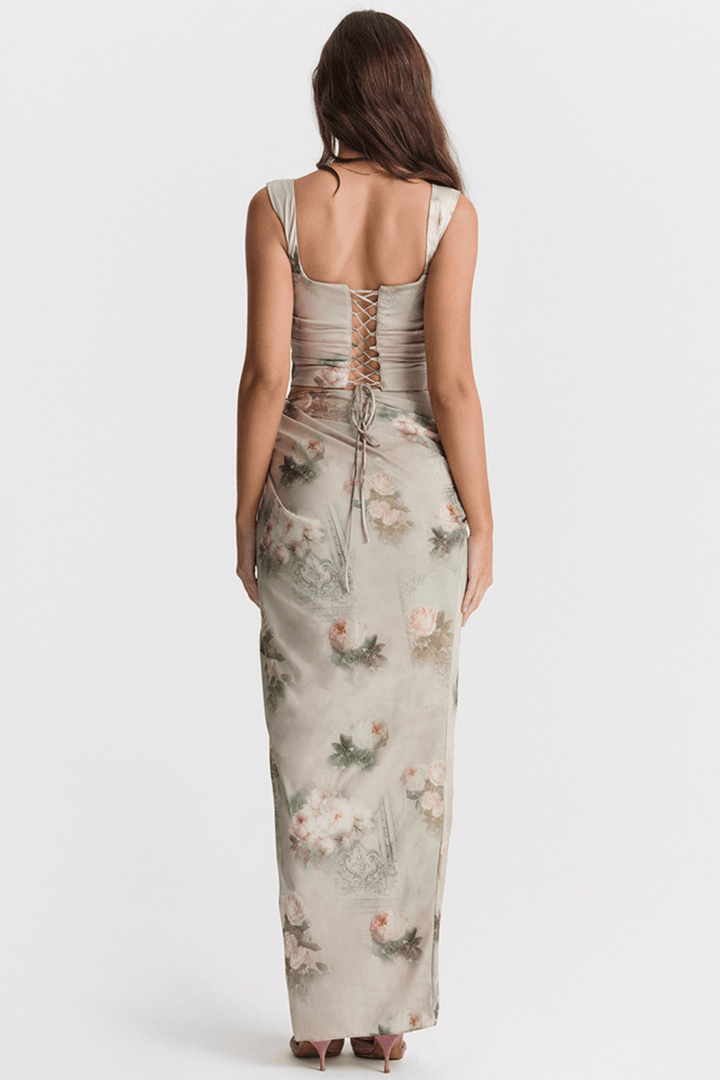 Drapeli Yırtmaçlı Saten Bustier Elbise