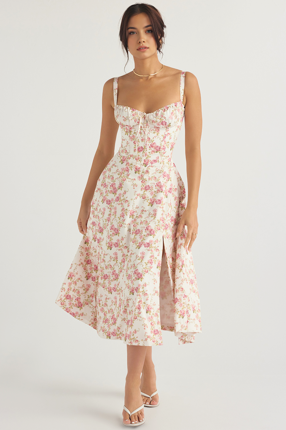 Çiçek Desenli Bustier Midi Elbise