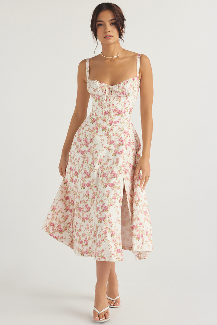 Çiçek Desenli Bustier Midi Elbise