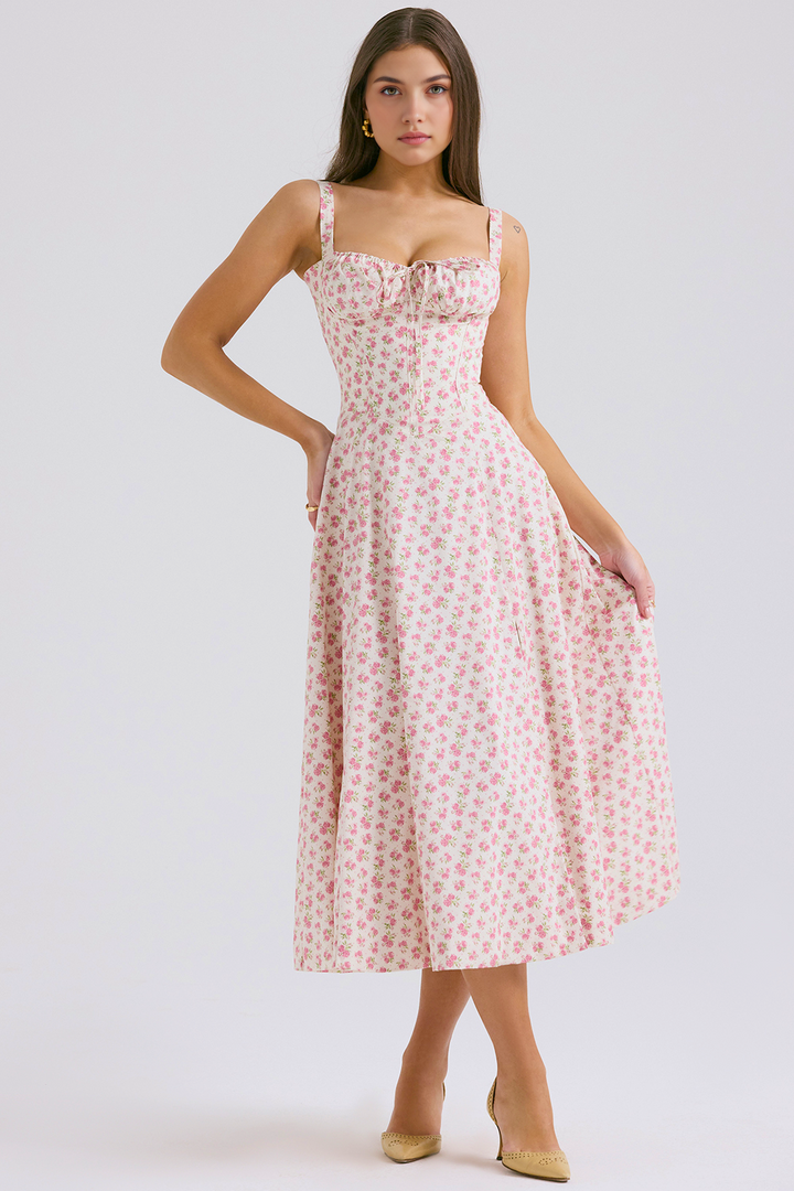 Bustier Belden Bağlamalı Midi Çiçekli Elbise