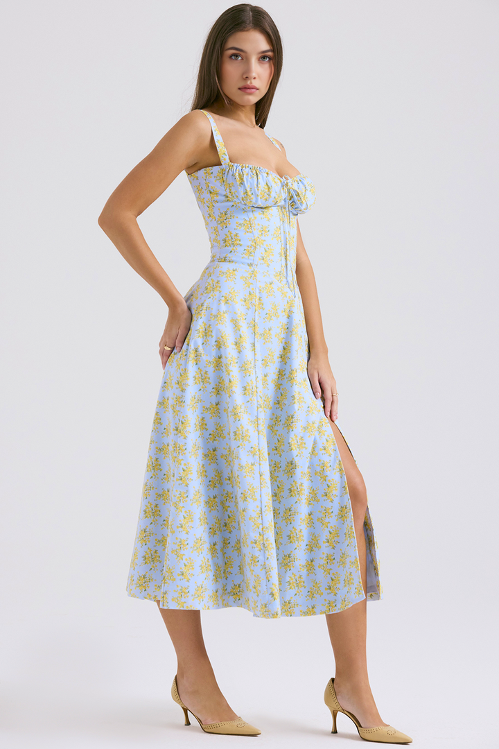 Çiçek Desenli Bustier Midi Elbise