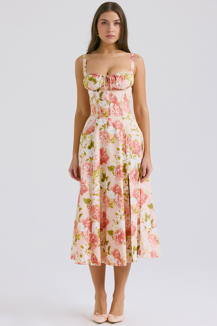 Çiçek Desenli Bustier Midi Elbise