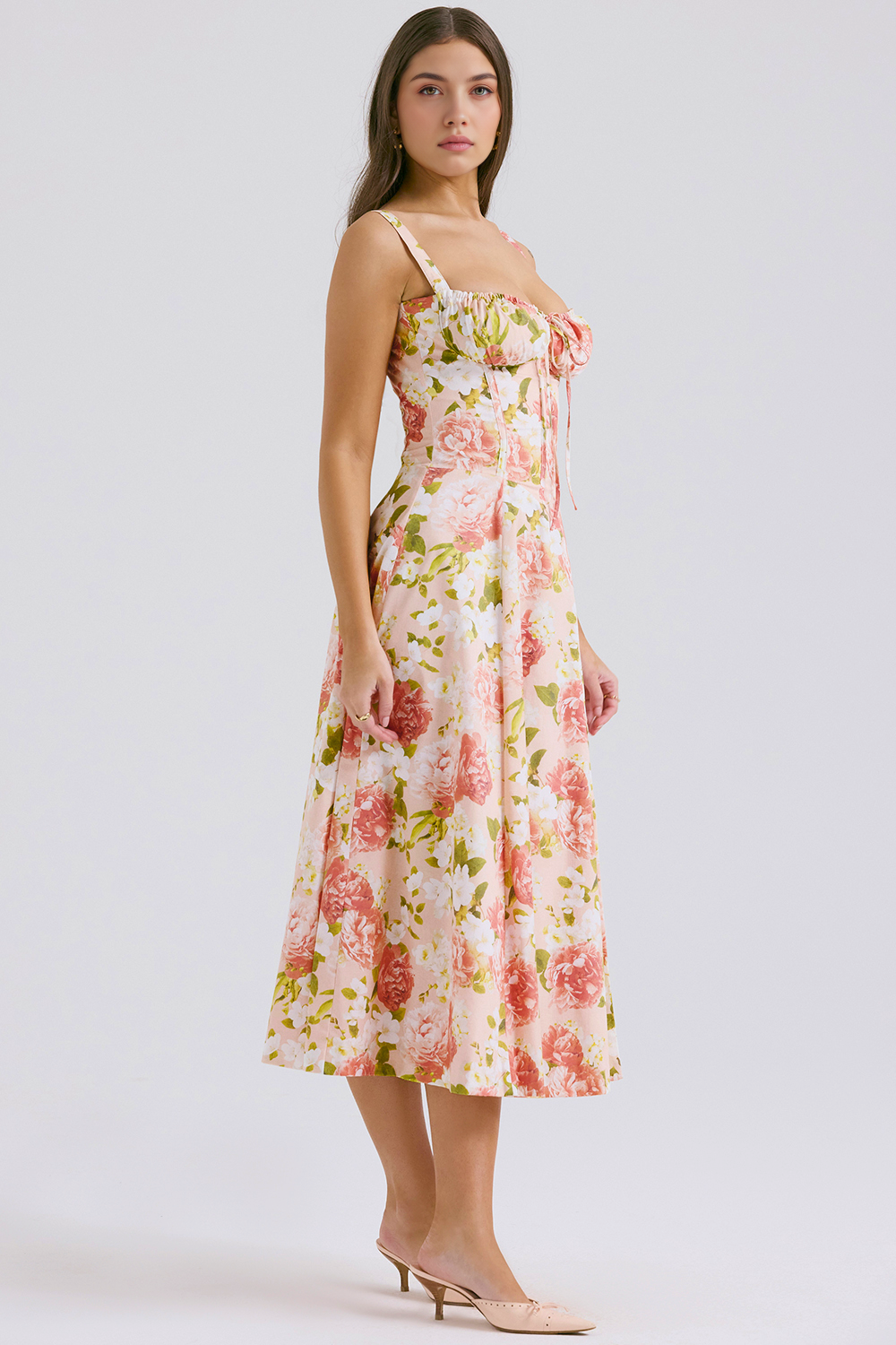 Çiçek Desenli Bustier Midi Elbise