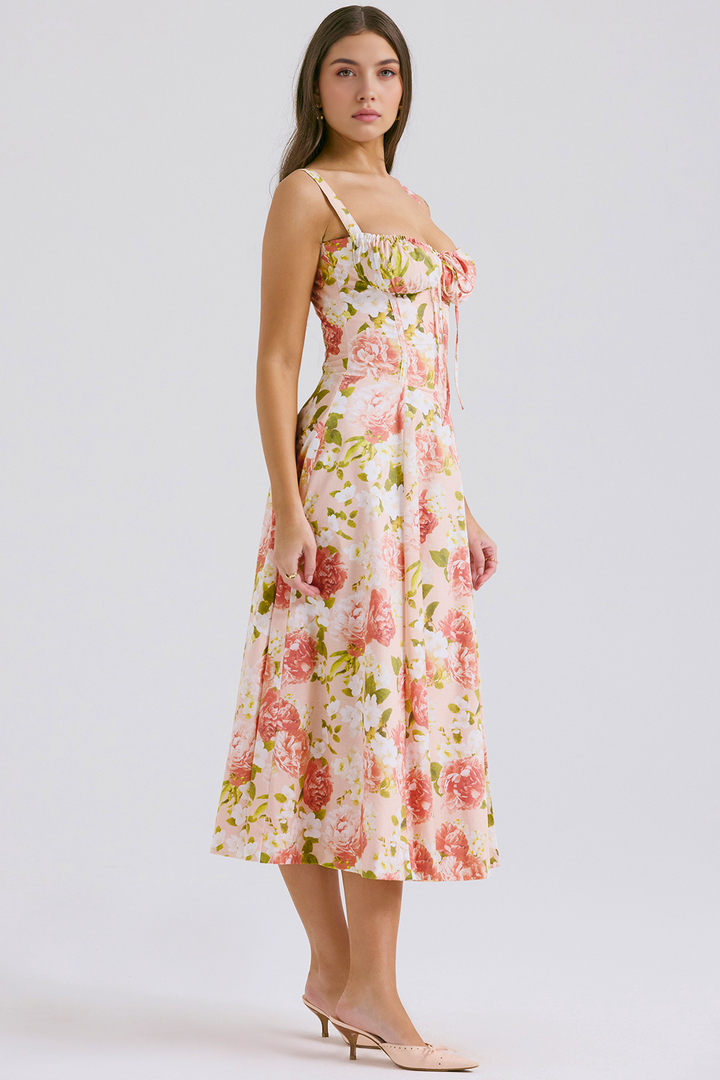 Bustier Belden Bağlamalı Midi Çiçekli Elbise