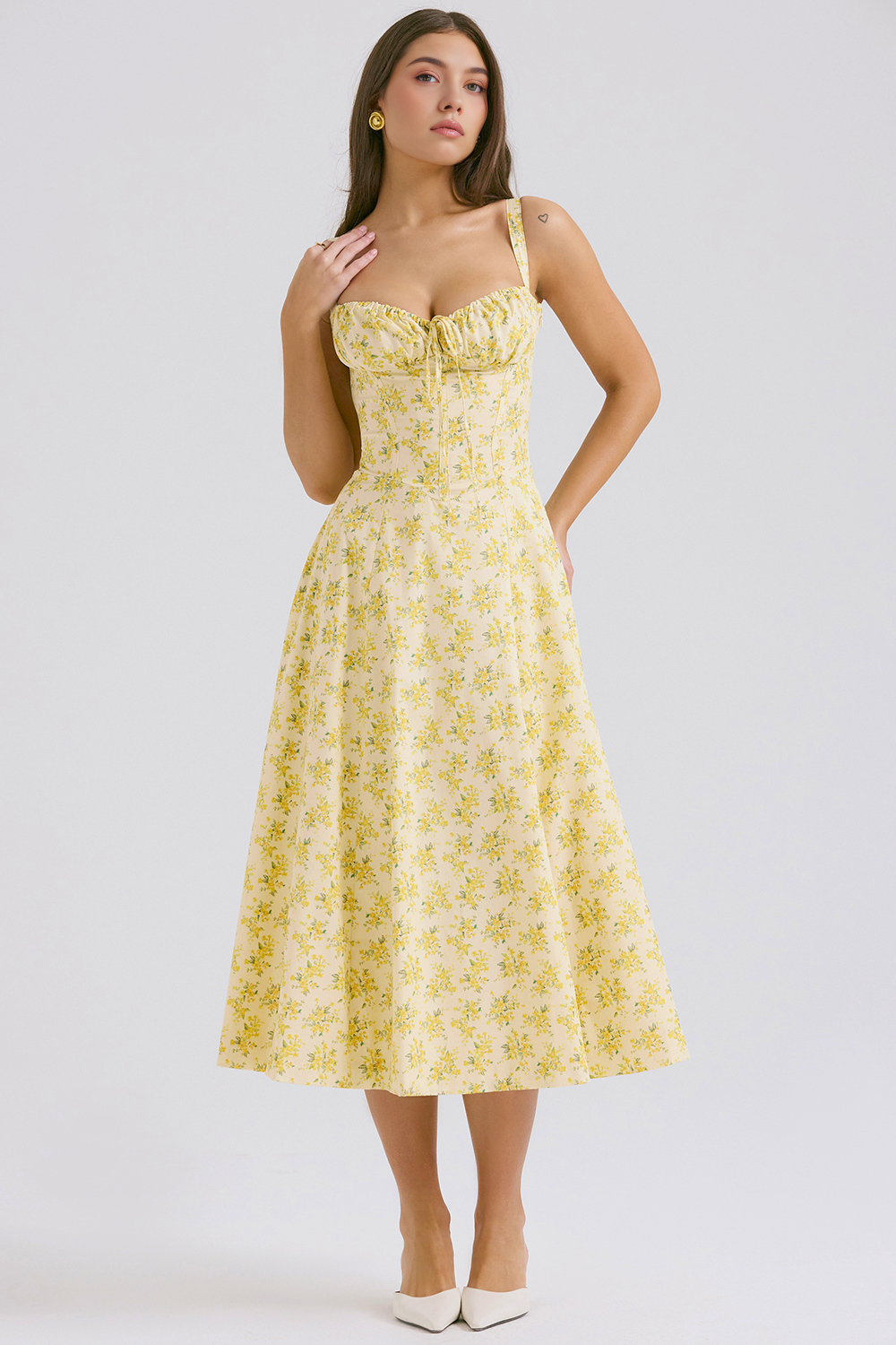 Çiçek Desenli Bustier Midi Elbise