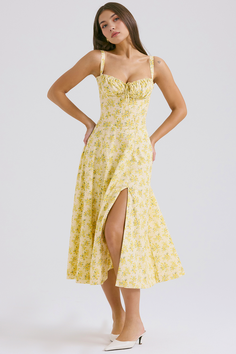 Bustier Belden Bağlamalı Midi Çiçekli Elbise