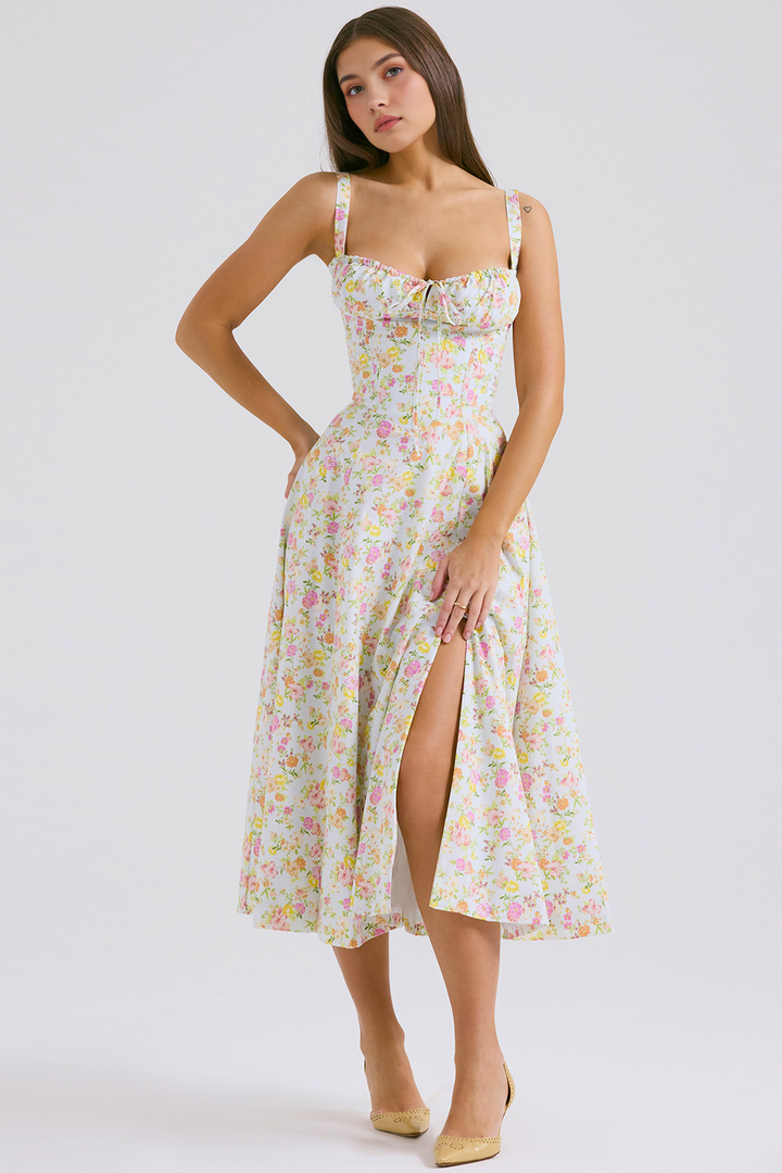 Çiçek Desenli Bustier Midi Elbise