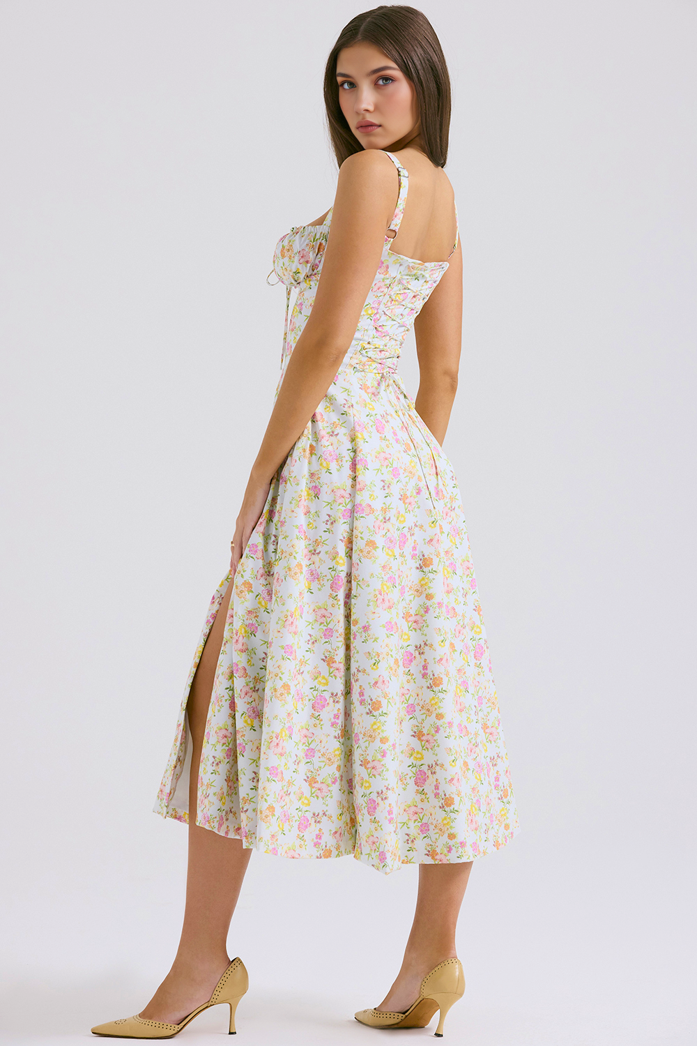 Bustier Belden Bağlamalı Midi Çiçekli Elbise