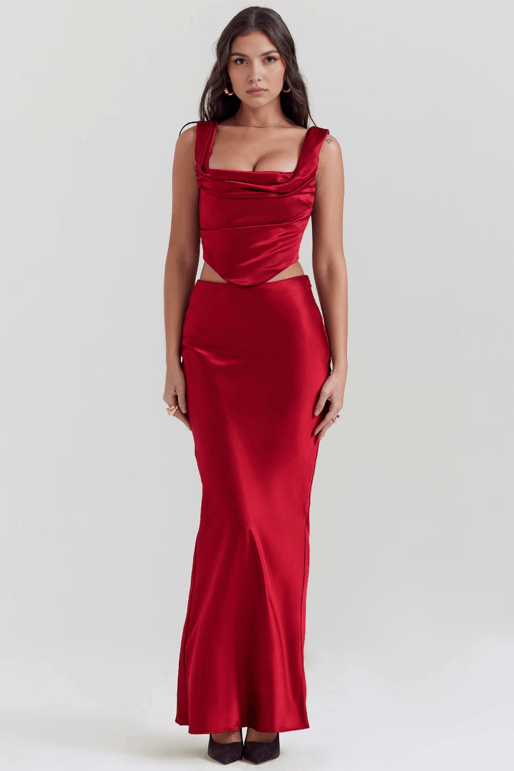 Drapeli Yırtmaçlı Saten Bustier Elbise