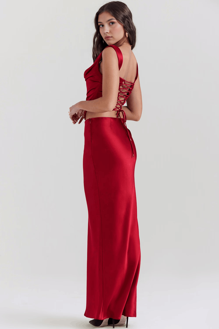 Drapeli Yırtmaçlı Saten Bustier Elbise
