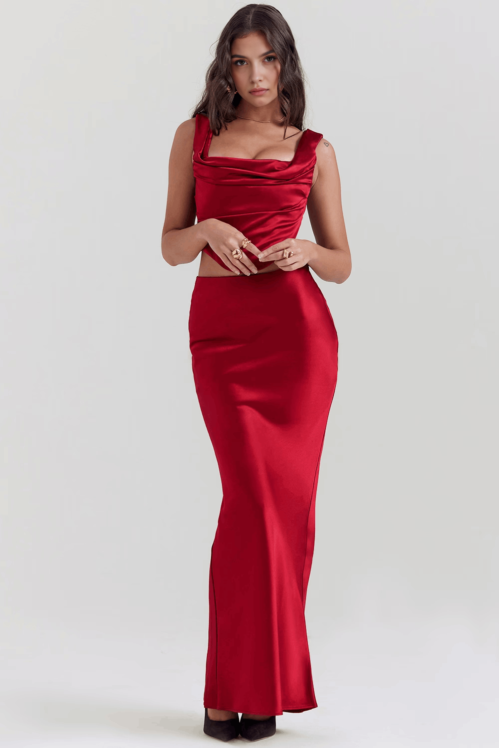 Drapeli Yırtmaçlı Saten Bustier Elbise