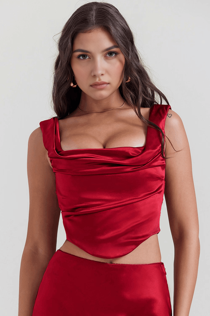 Drapeli Yırtmaçlı Saten Bustier Elbise