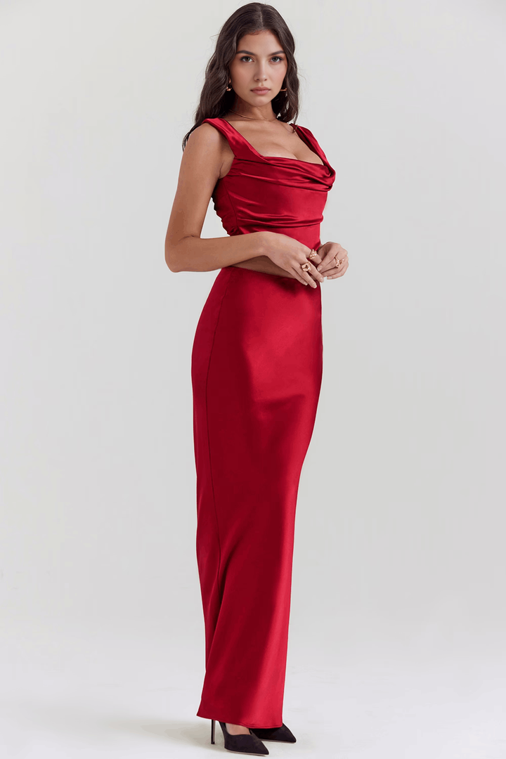 Drapeli Yırtmaçlı Saten Bustier Elbise