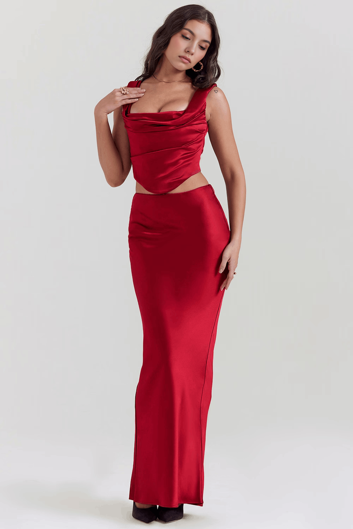 Drapeli Yırtmaçlı Saten Bustier Elbise