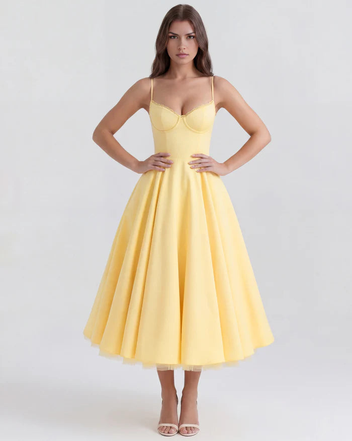 Midi Etek Uçuşan Bel Detaylı Saten Elbise