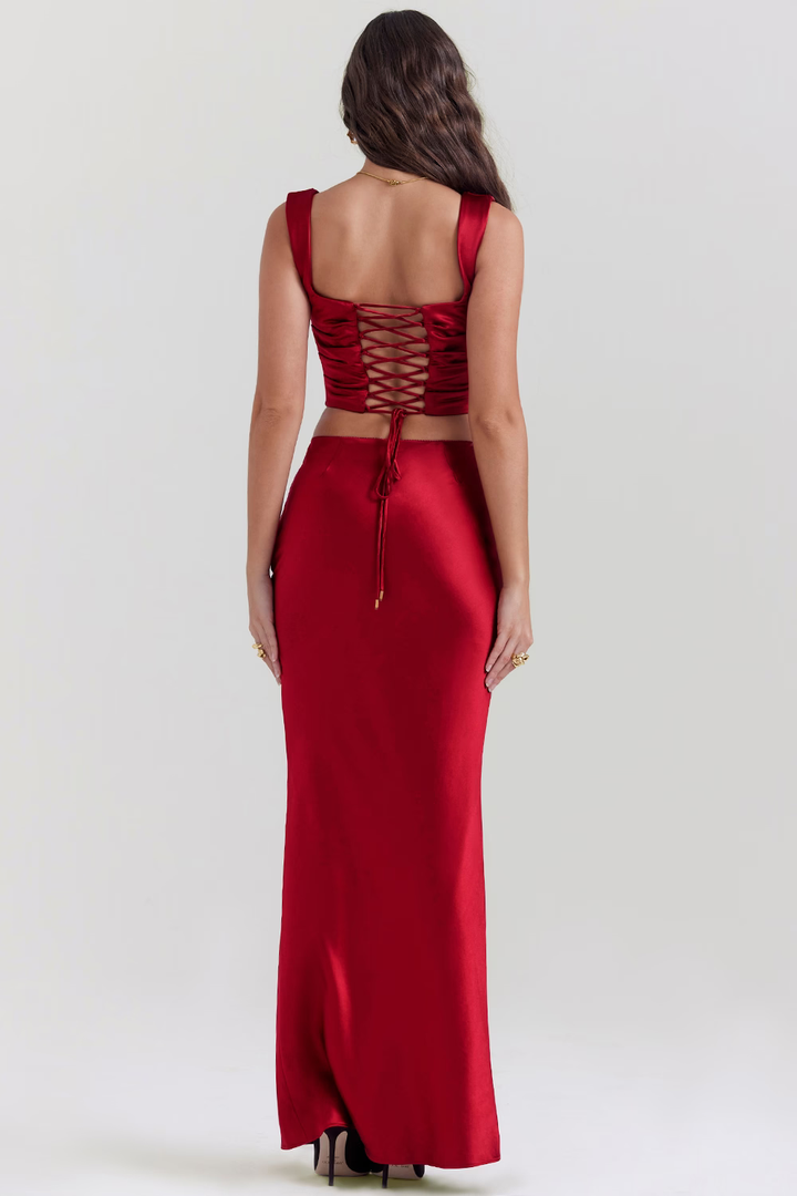Drapeli Yırtmaçlı Saten Bustier Elbise