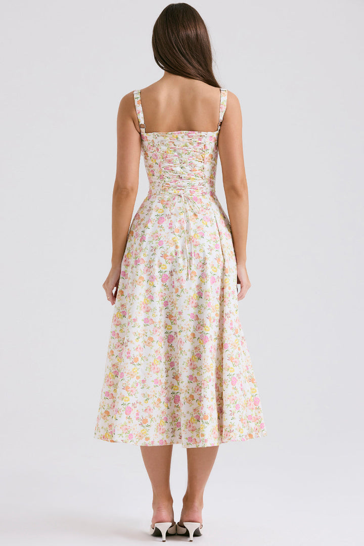 Bustier Belden Bağlamalı Midi Çiçekli Elbise