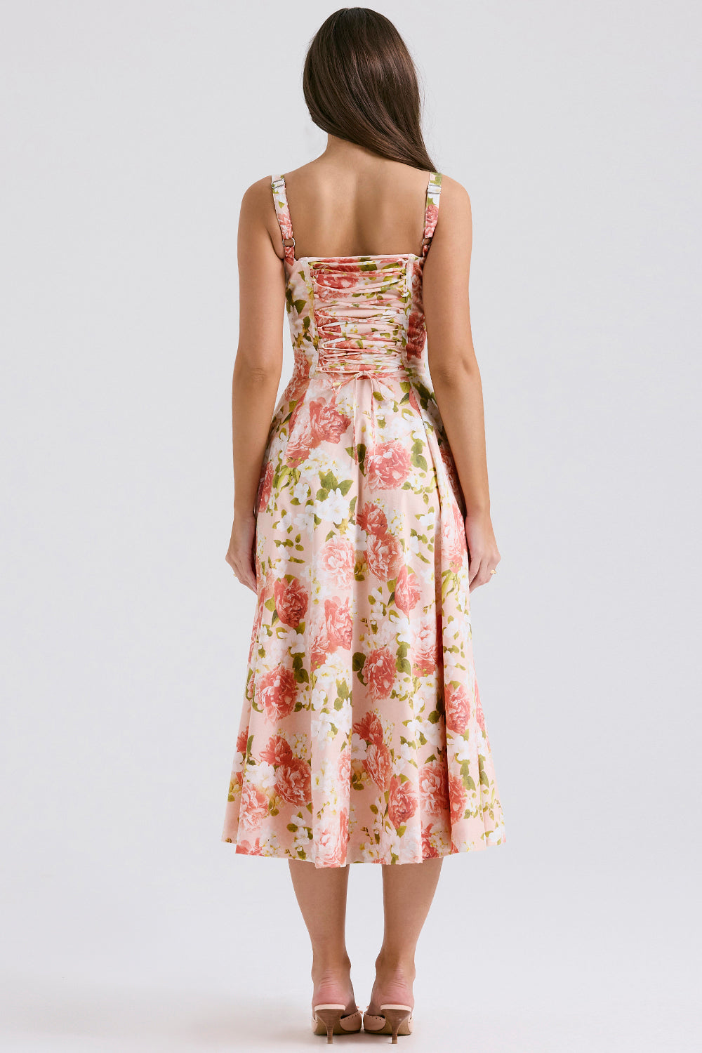 Bustier Belden Bağlamalı Midi Çiçekli Elbise