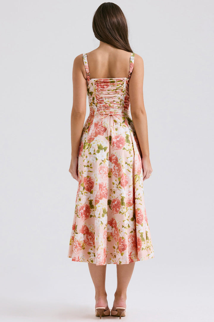 Bustier Belden Bağlamalı Midi Çiçekli Elbise