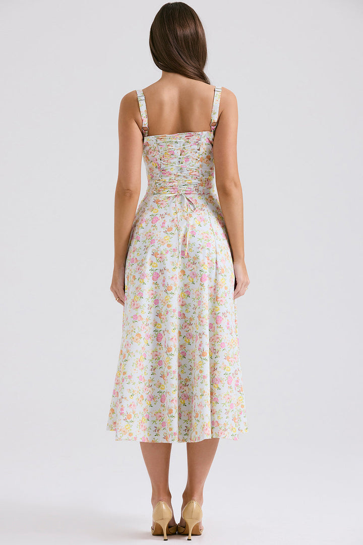 Çiçek Desenli Bustier Midi Elbise