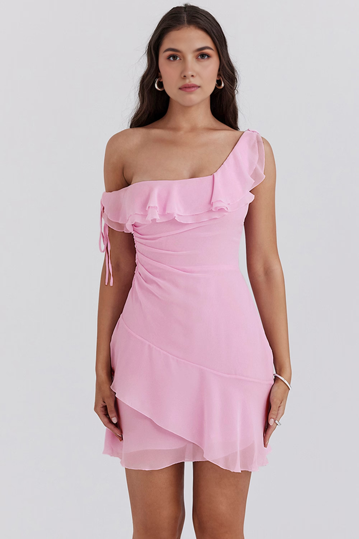 Tek Omuz Volanlı Mini Elbise – Pembe