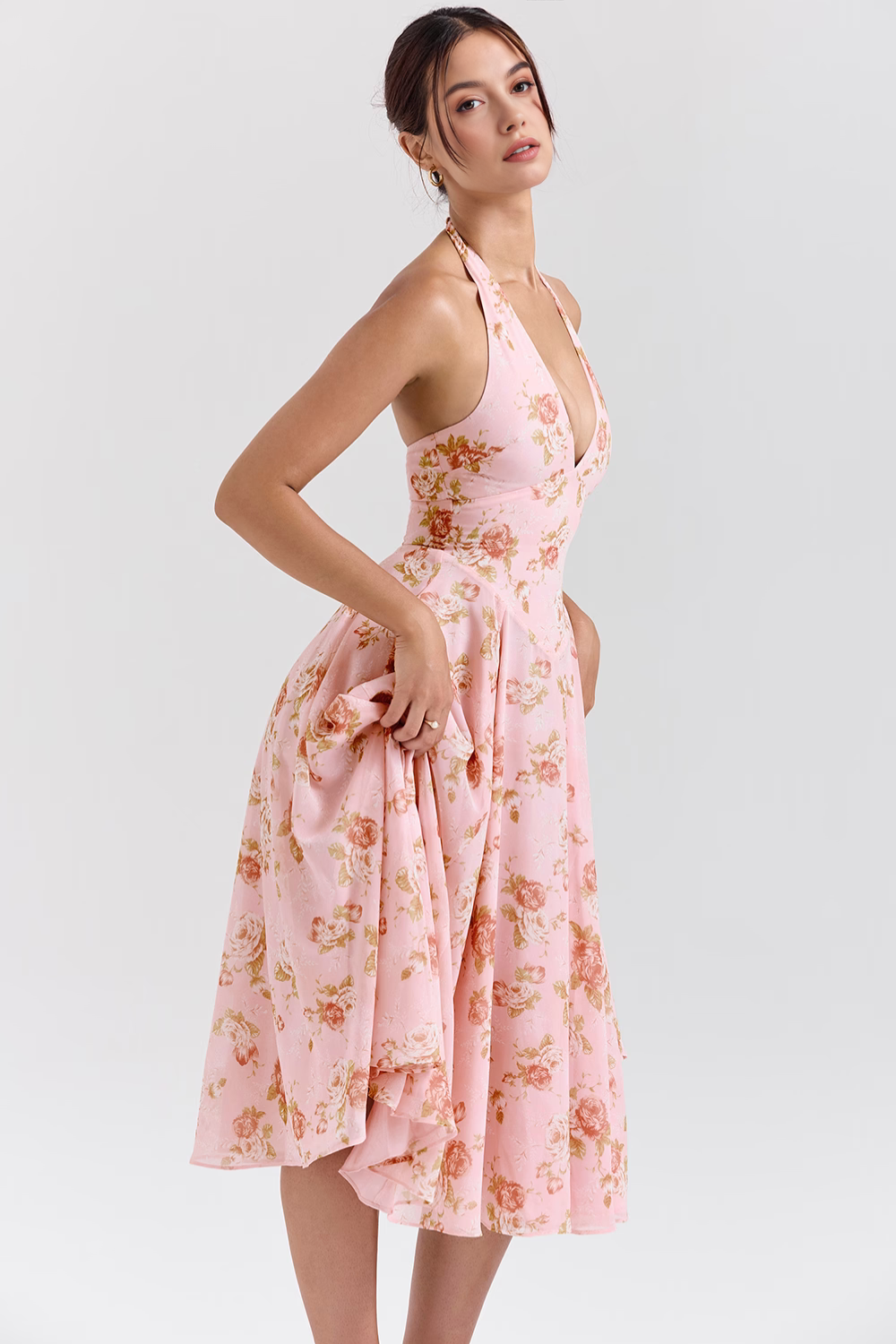 Askılı Çiçek Desenli Midi Elbise – Pudra Pembe