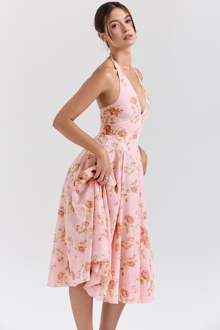 Askılı Çiçek Desenli Midi Elbise – Pudra Pembe