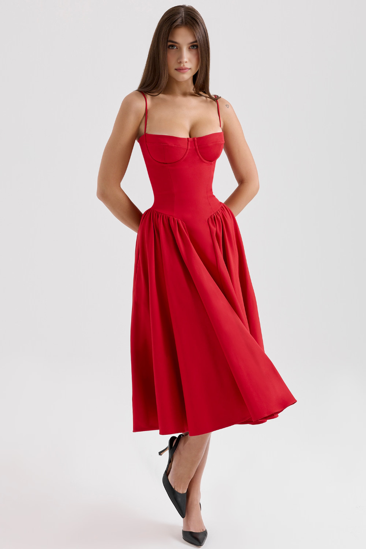 Bustier Kesim Drapeli Midi Elbise
