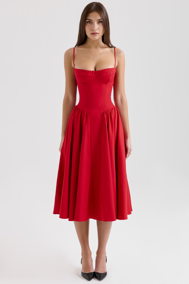 Bustier Kesim Drapeli Midi Elbise