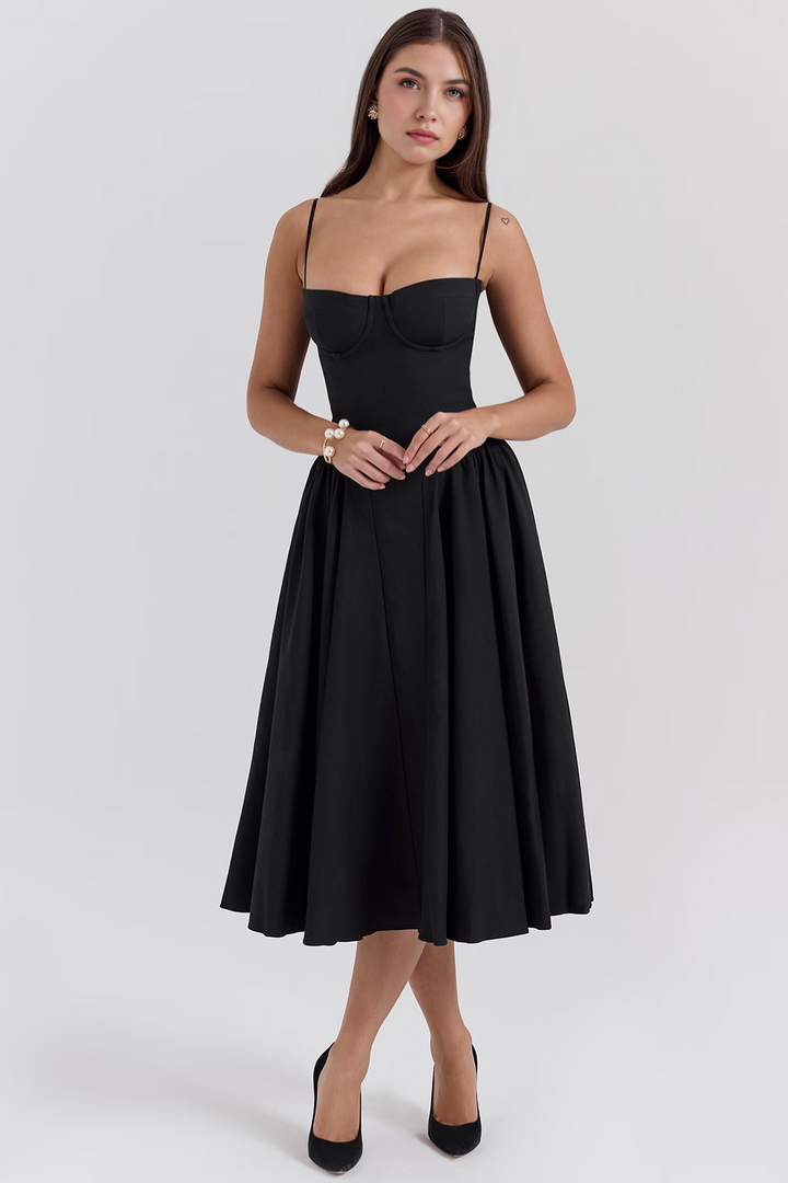 Bustier Kesim Drapeli Midi Elbise