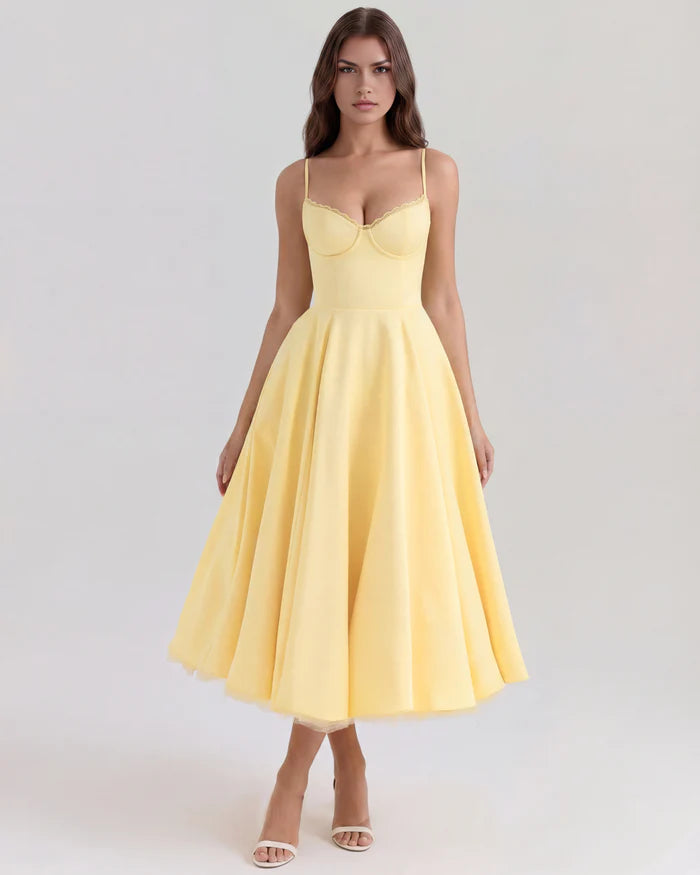 Midi Etek Uçuşan Bel Detaylı Saten Elbise