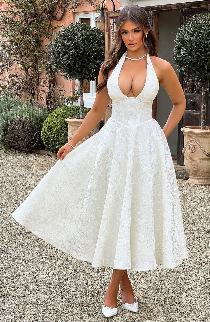 Halter Yaka A Kesim Brokar Elbise – Ekru