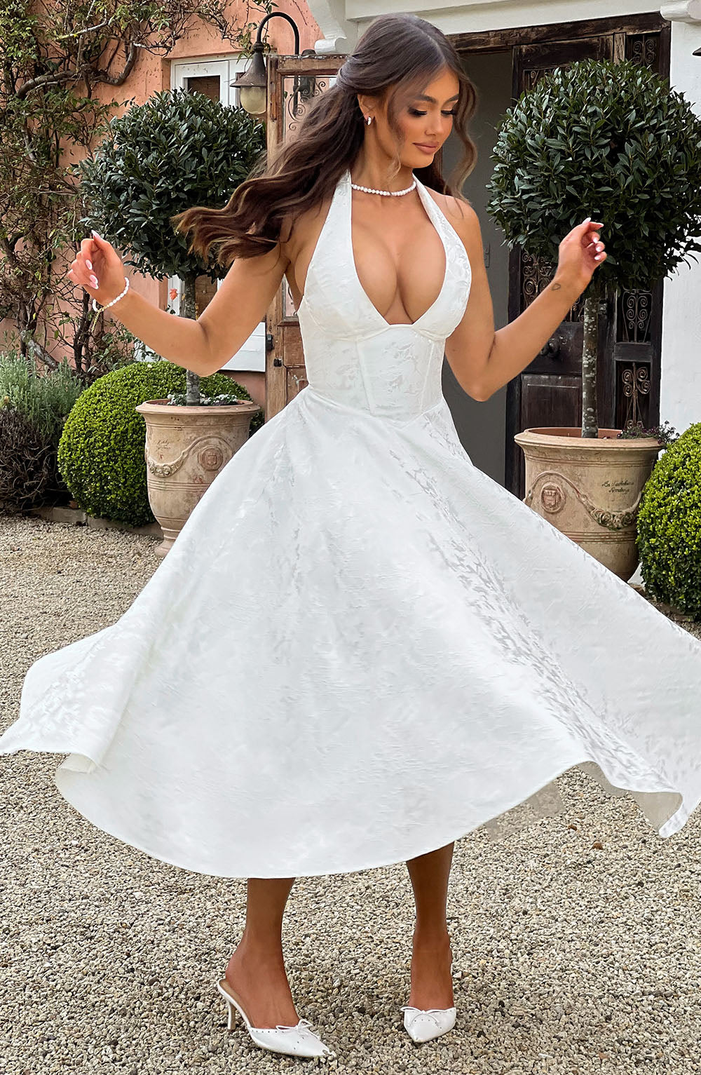 Halter Yaka A Kesim Brokar Elbise – Ekru