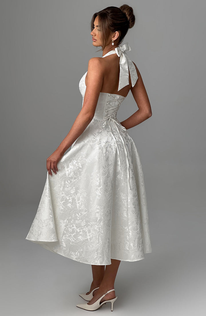 Halter Yaka A Kesim Brokar Elbise – Ekru