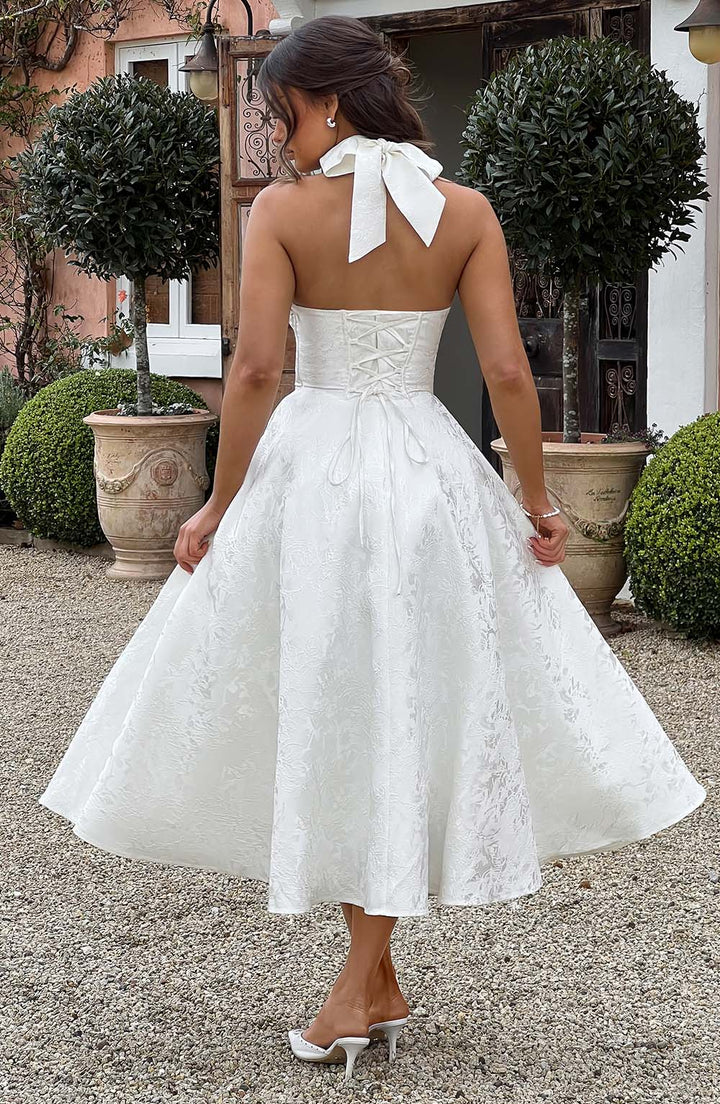 Halter Yaka A Kesim Brokar Elbise – Ekru