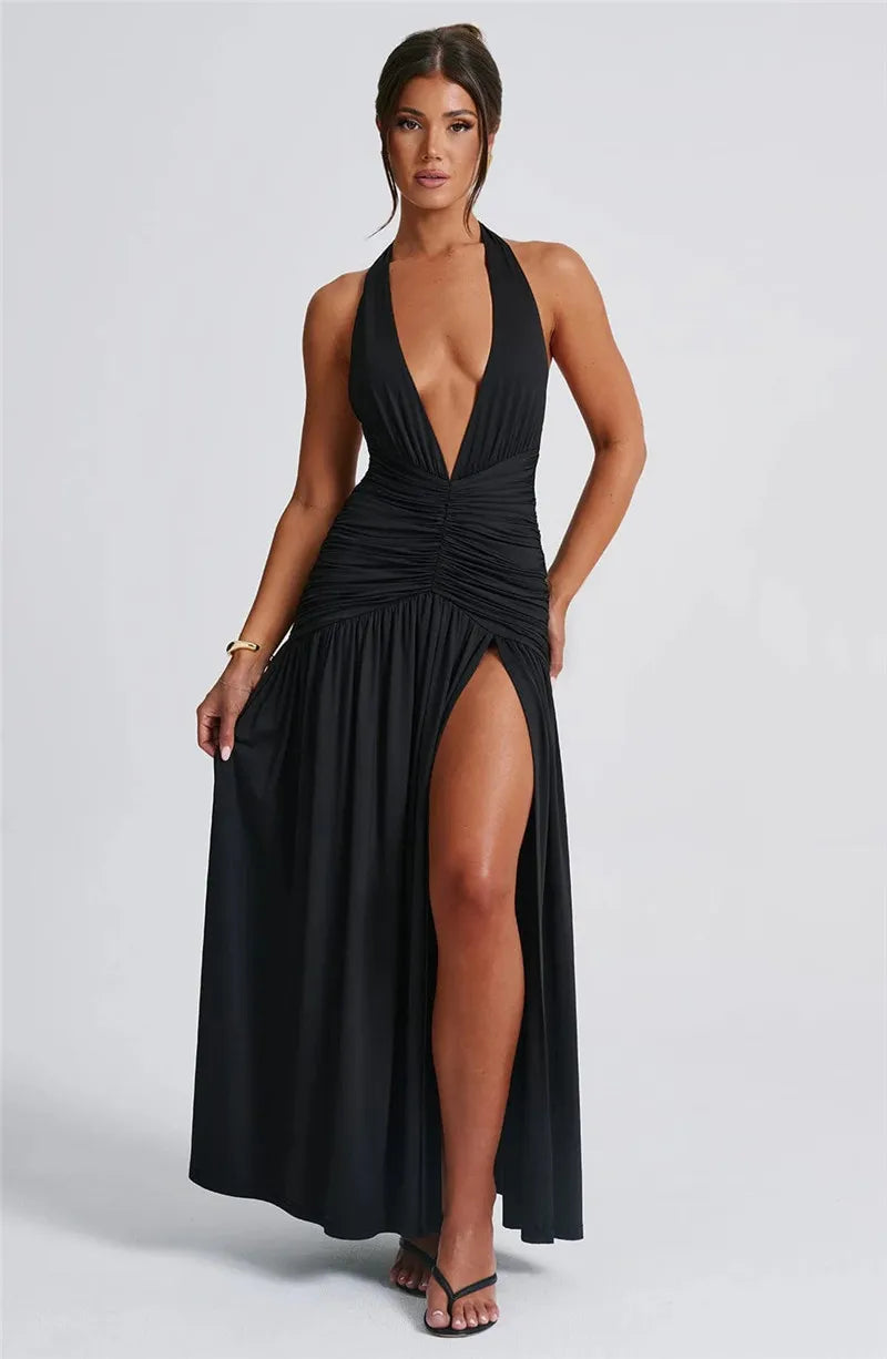 Derin V Yaka Drapeli Maxi Elbise – Kahve