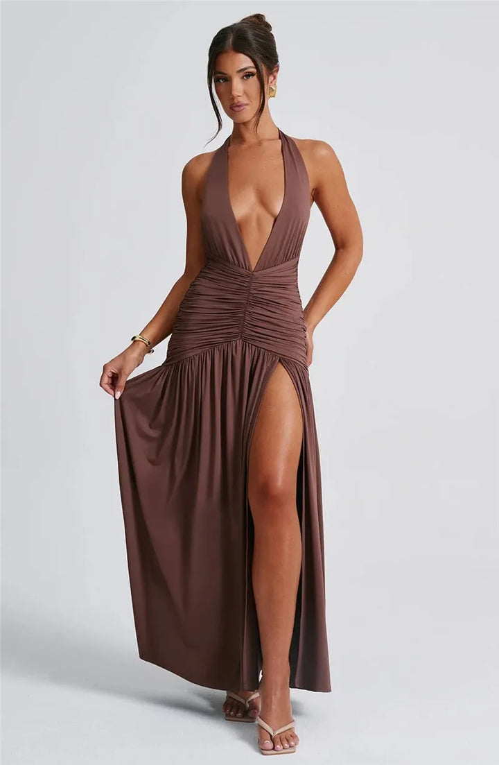 Derin V Yaka Drapeli Maxi Elbise – Kahve
