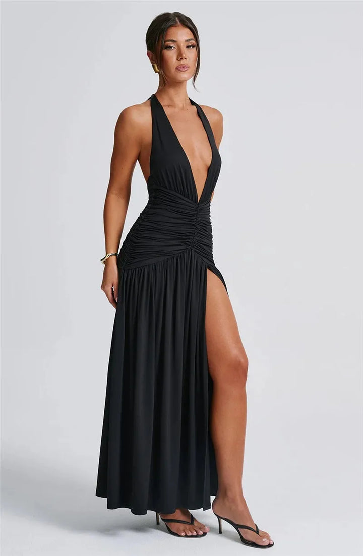 Derin V Yaka Drapeli Maxi Elbise – Kahve