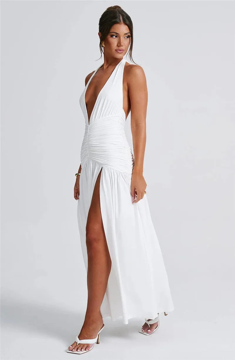 Derin V Yaka Drapeli Maxi Elbise – Kahve