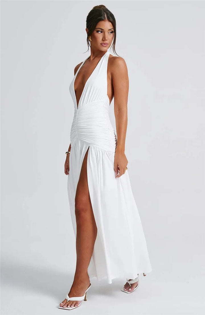 Derin V Yaka Drapeli Maxi Elbise – Kahve