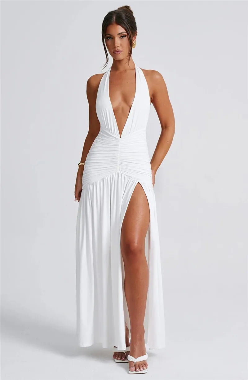 Derin V Yaka Drapeli Maxi Elbise – Kahve