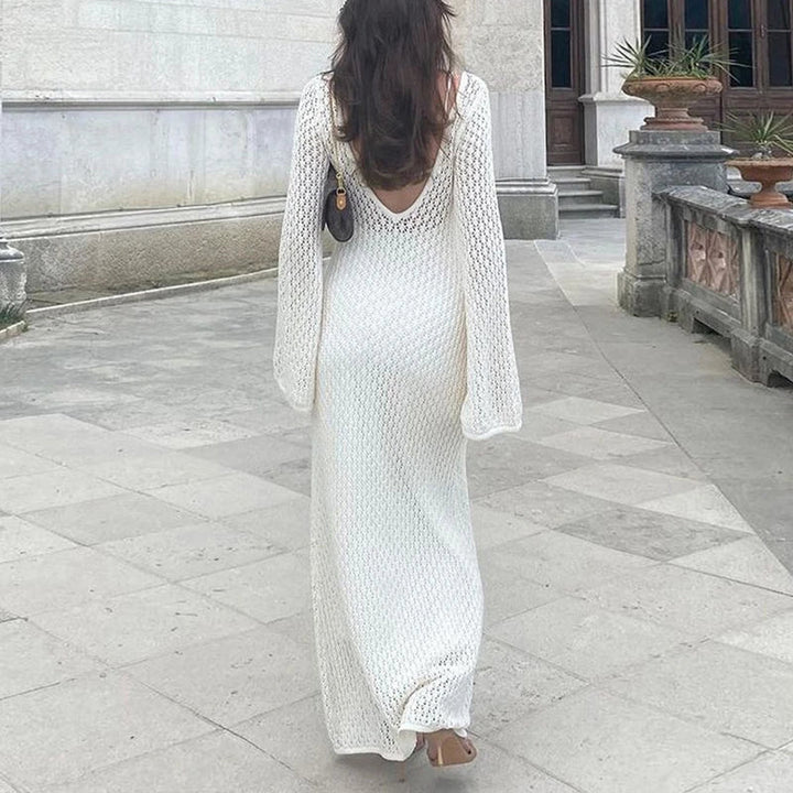 Uzun Kollu Ajurlu Maxi Elbise – Ekru