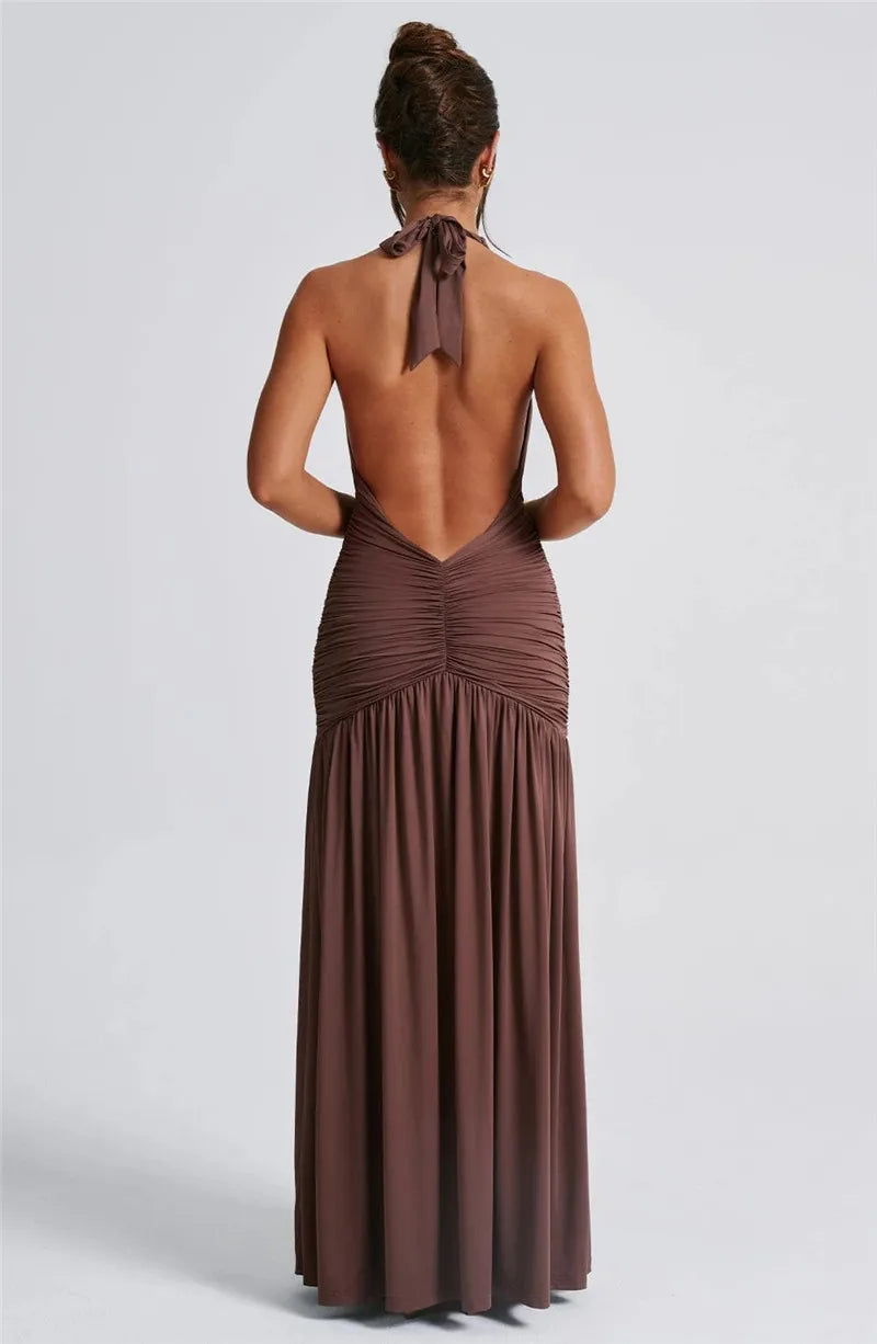 Derin V Yaka Drapeli Maxi Elbise – Kahve