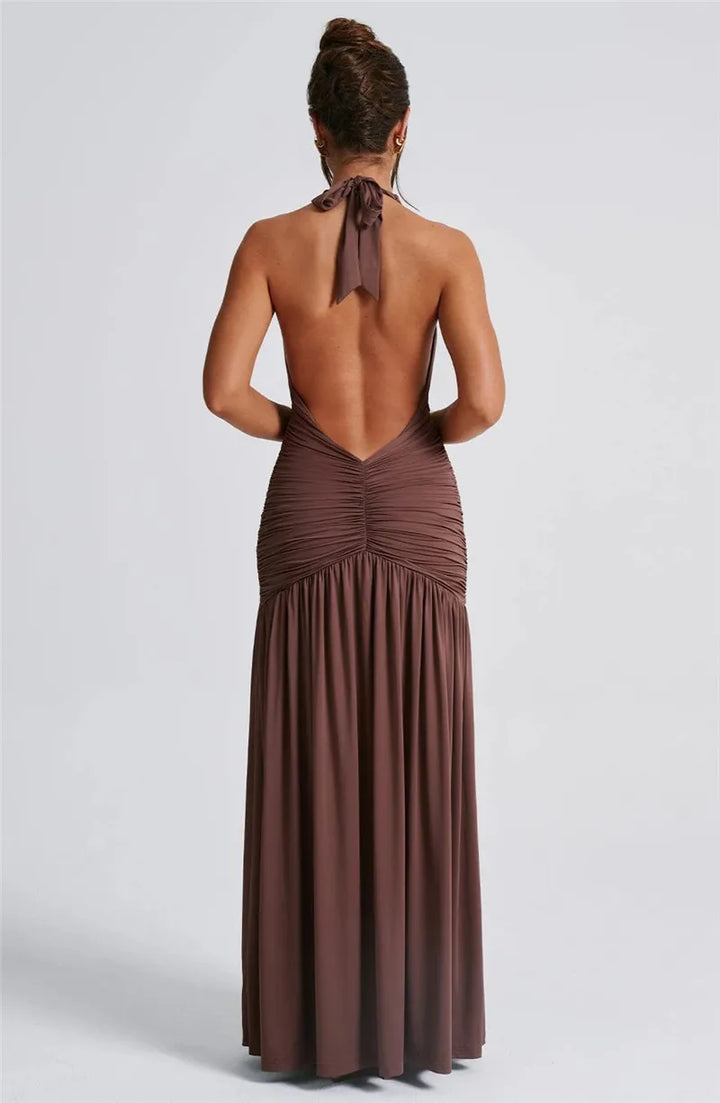 Derin V Yaka Drapeli Maxi Elbise – Kahve