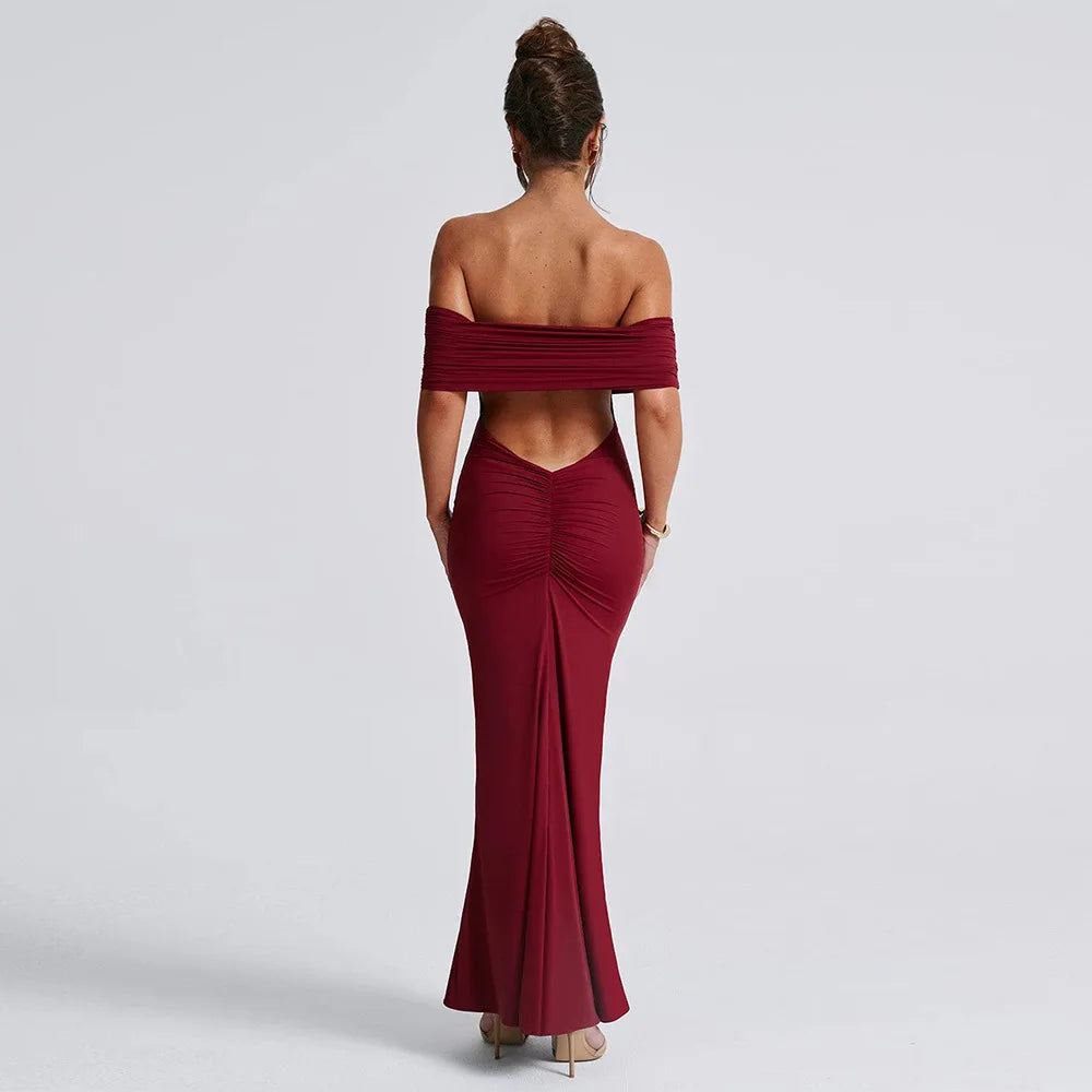 Drapeli Sırt Detaylı Straplez Maxi Elbise – Bordo