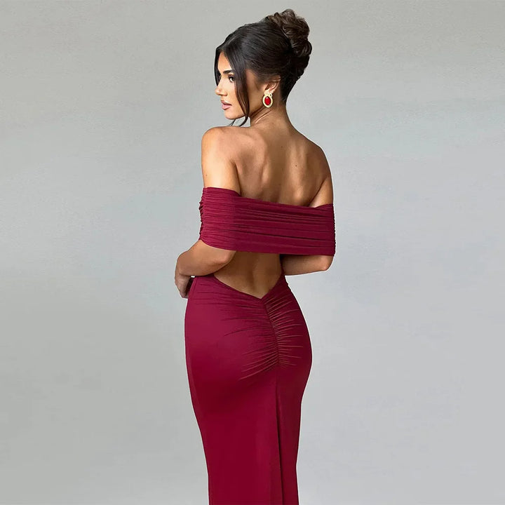 Drapeli Sırt Detaylı Straplez Maxi Elbise – Bordo