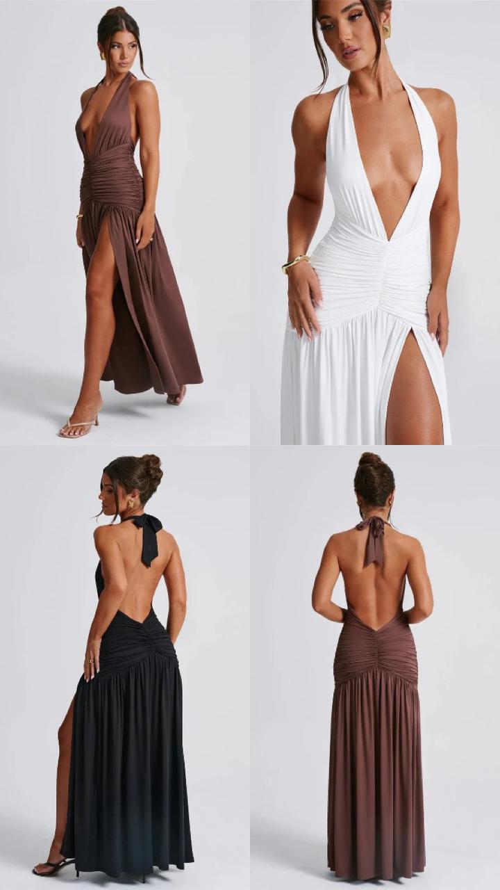 Derin V Yaka Drapeli Maxi Elbise – Kahve