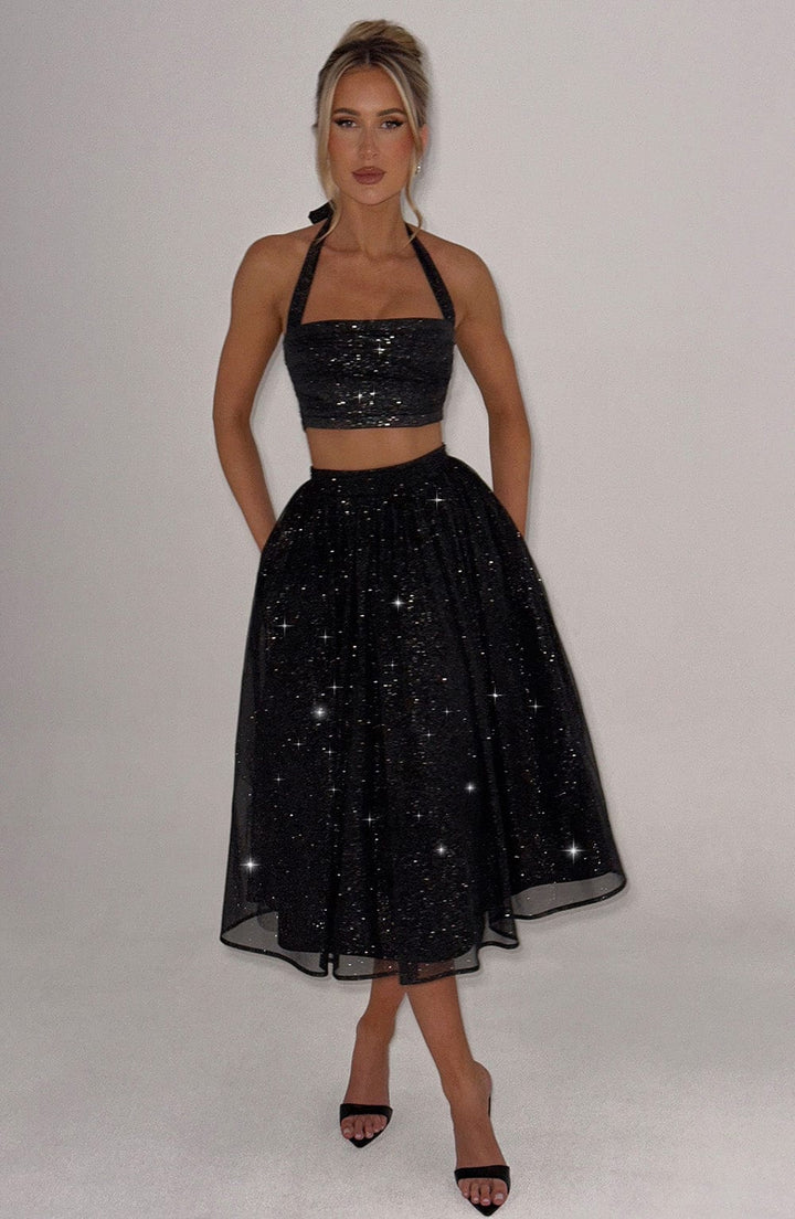 Parlak Halter Yaka Crop Top – Siyah